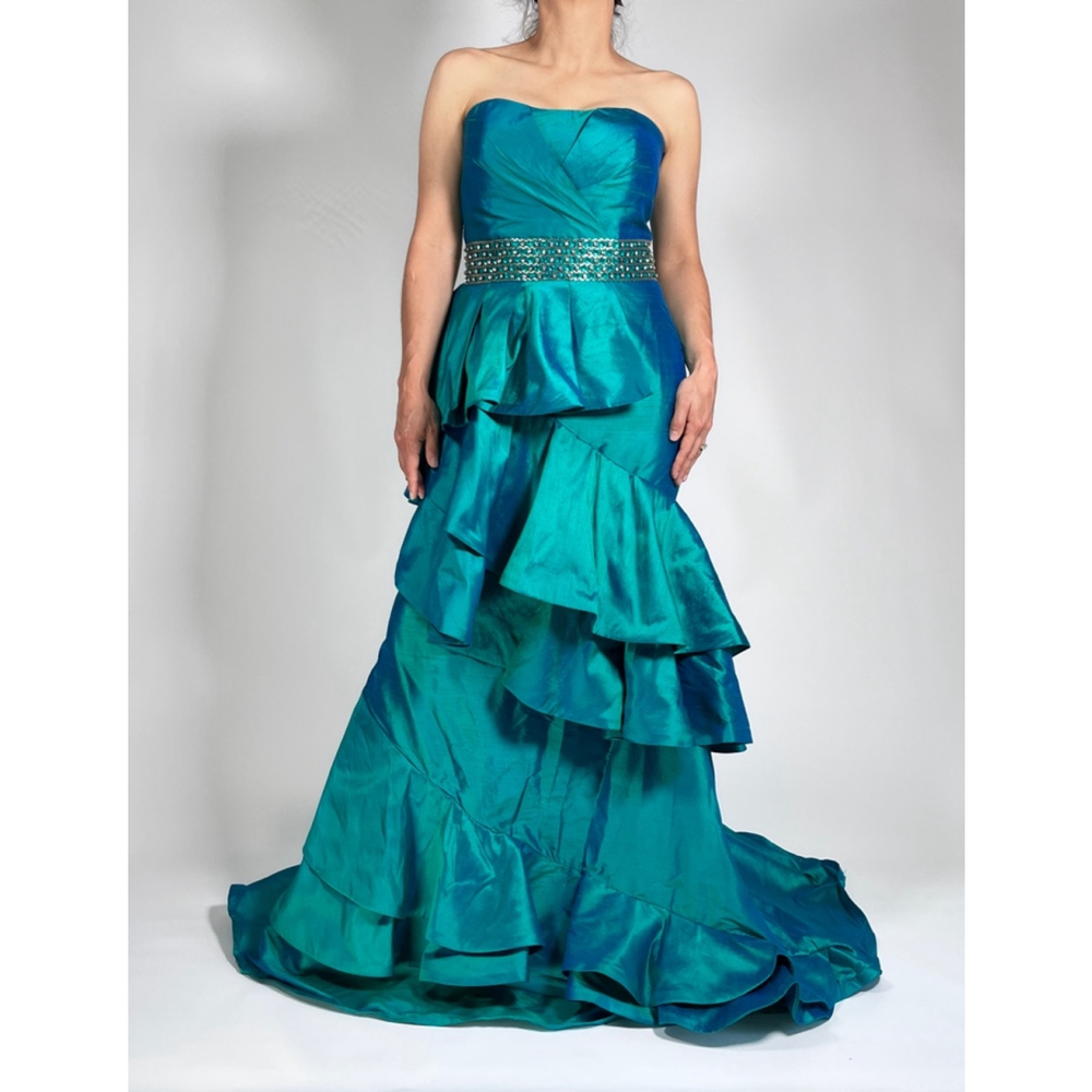 Women's JOVANI Silk Teal Mermaid Prom Jewelled Dress Size 12 - Picture 3 of 17
